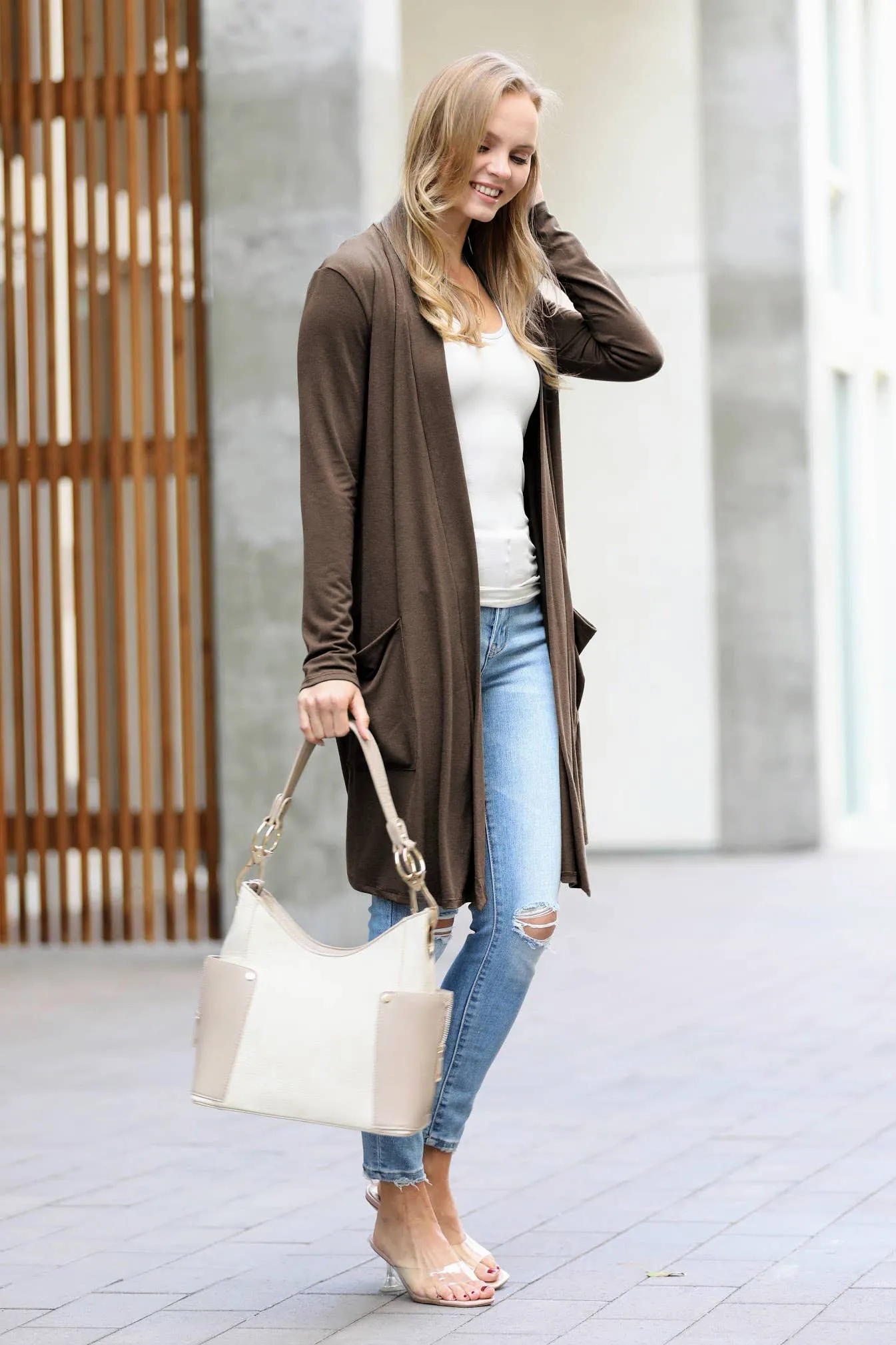 ,.._ SI-23592 LONG SLEEVE SLOUCHY POCKET OPEN CARDIGAN: BLACK-147218 / XL