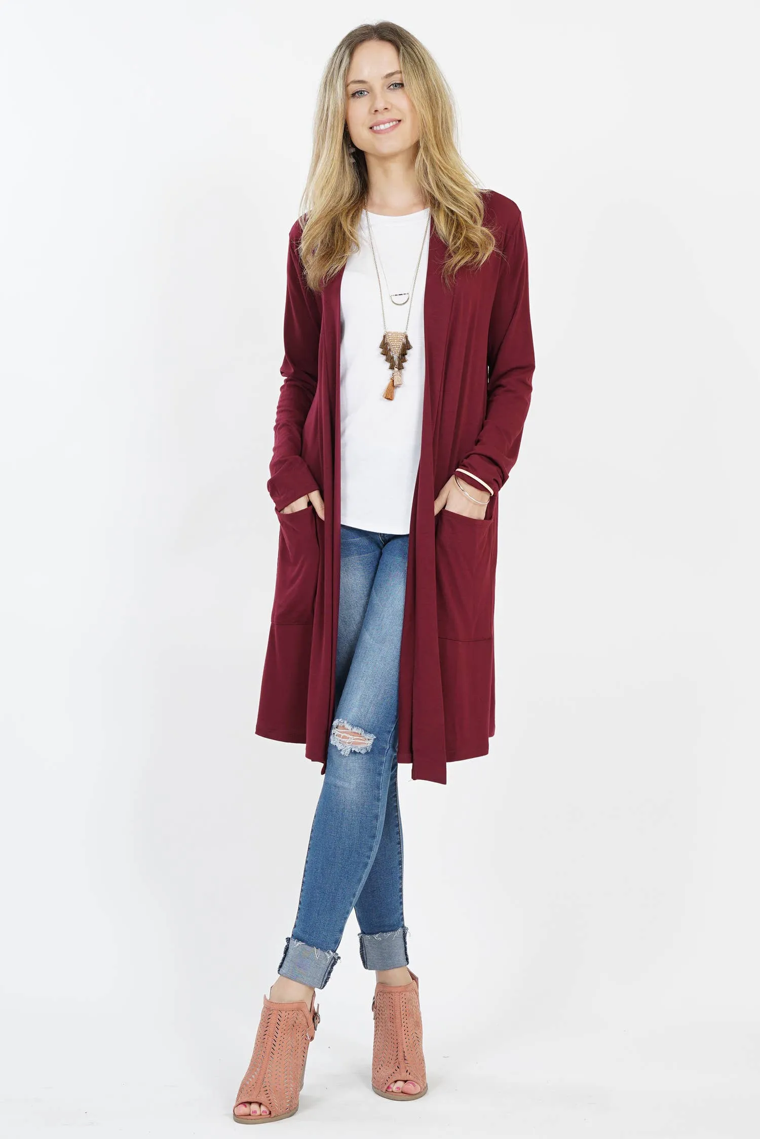 ,.._ SI-23592 LONG SLEEVE SLOUCHY POCKET OPEN CARDIGAN: BLACK-147218 / XL