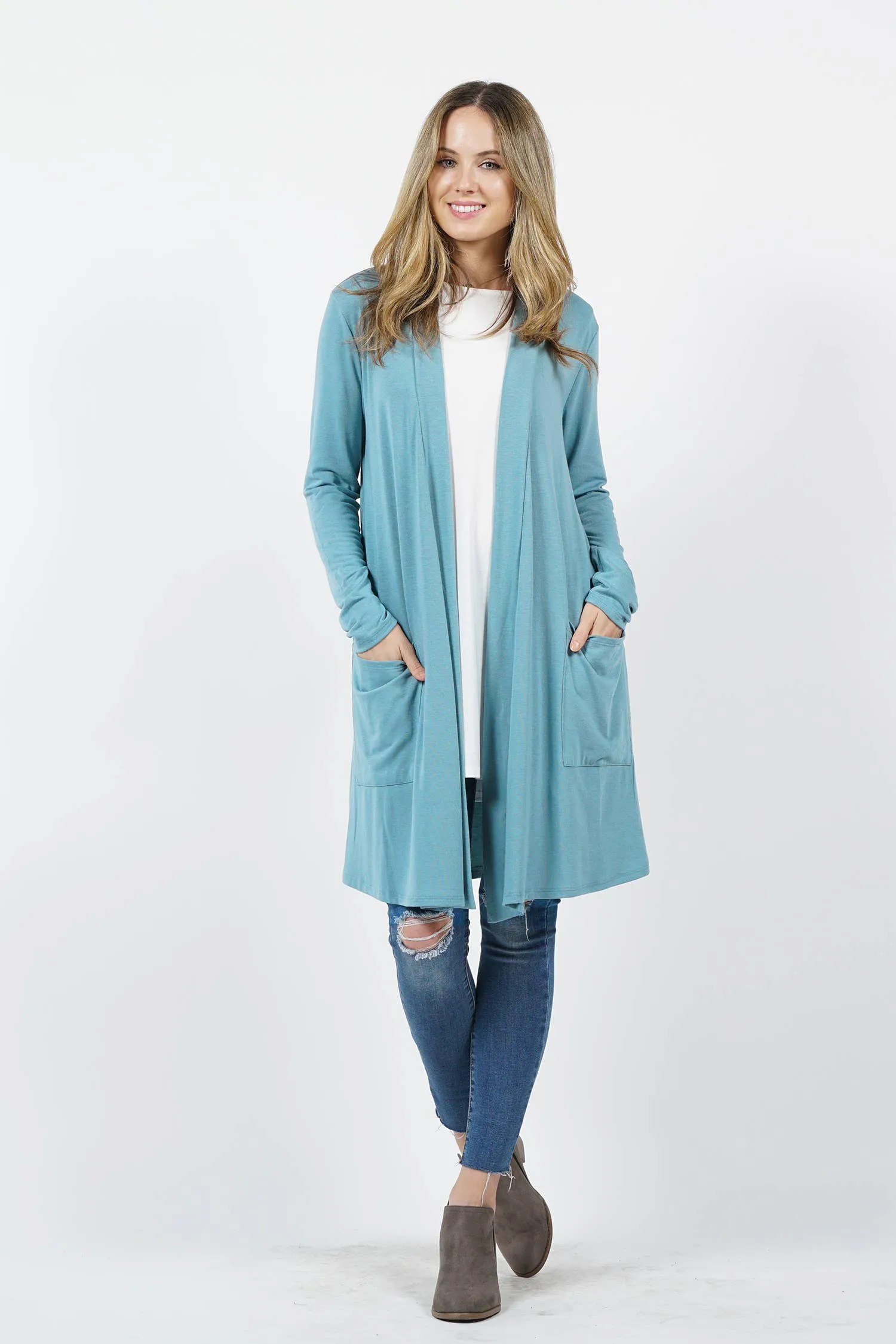 ,.._ SI-23592 LONG SLEEVE SLOUCHY POCKET OPEN CARDIGAN: BLACK-147218 / XL