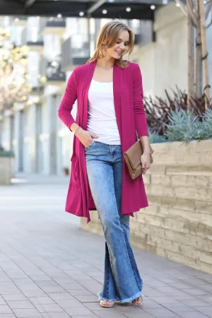 ,.._ SI-23592 LONG SLEEVE SLOUCHY POCKET OPEN CARDIGAN: MAGENTA-147224 / L