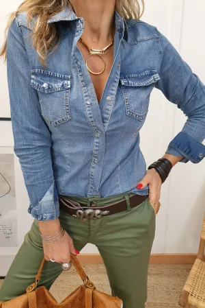 Buttoned Denim Shirt Flap Pockets
