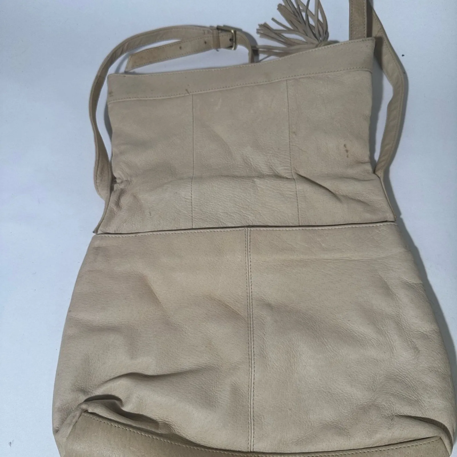 Cream Crossbody Bag with Suede Texture and Tassel