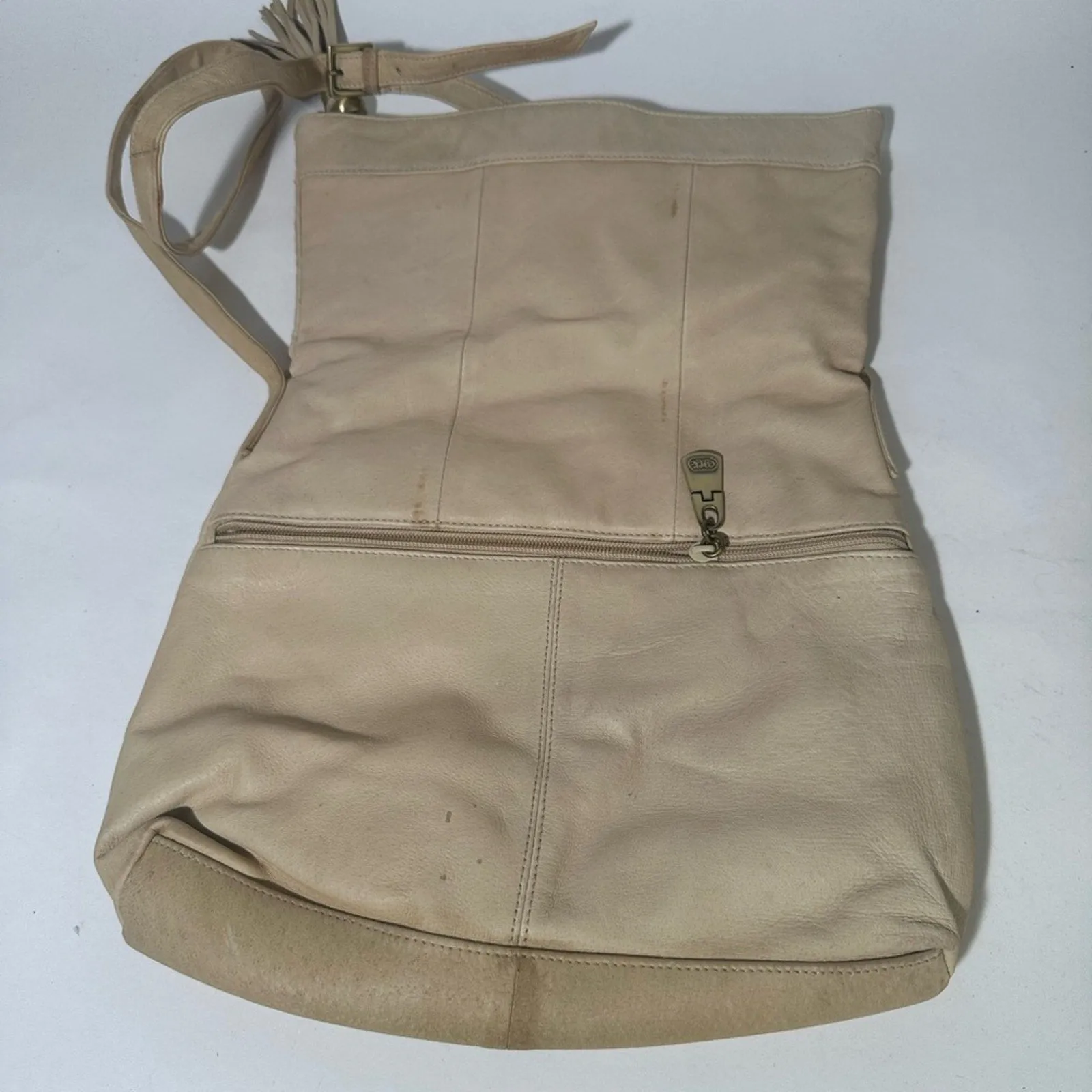 Cream Crossbody Bag with Suede Texture and Tassel