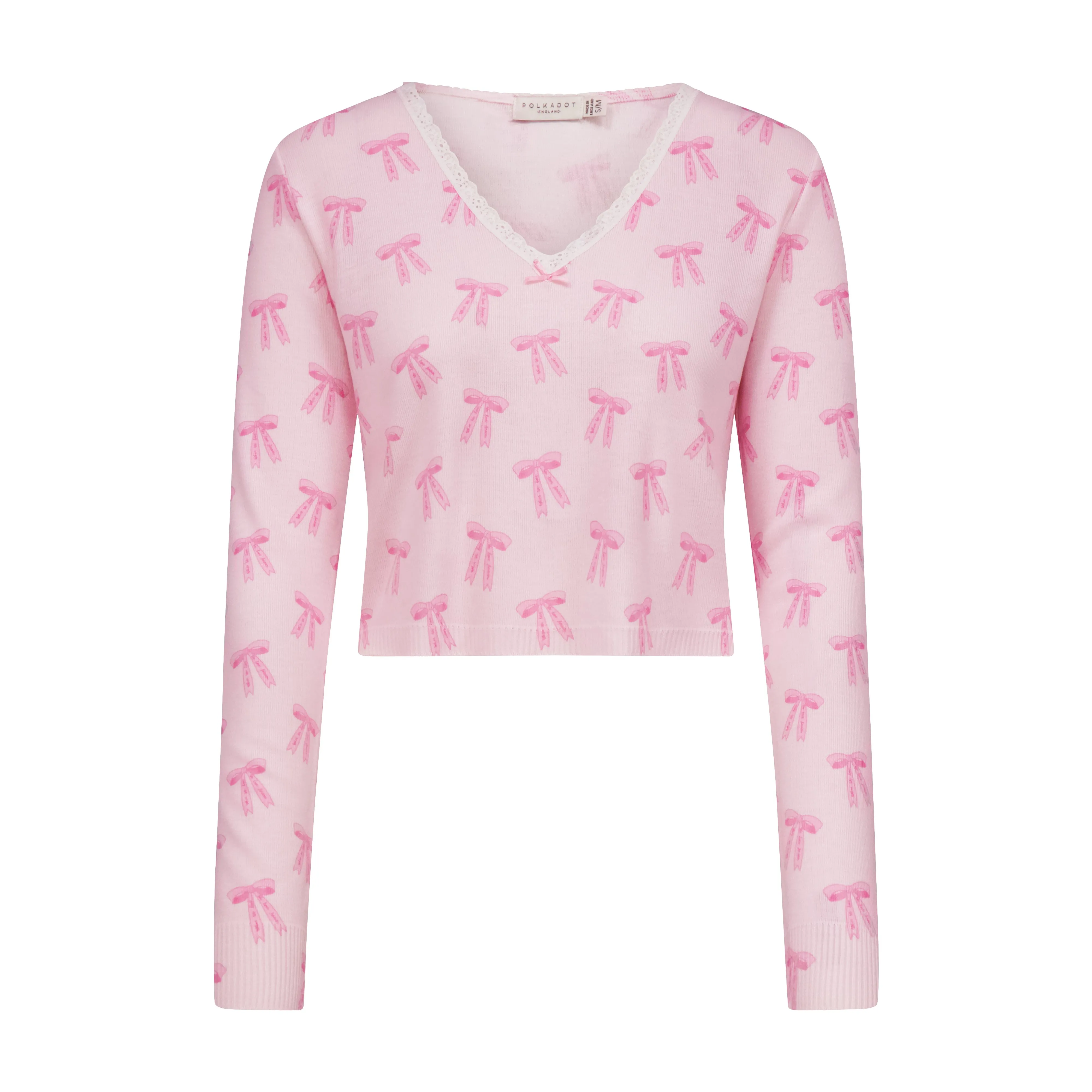 CROP V NECK SLOUCHY Pink Forever Love Bow Print