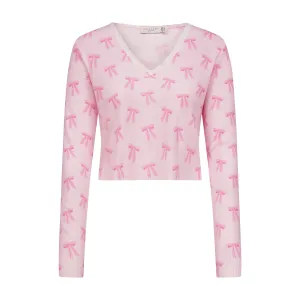 CROP V NECK SLOUCHY Pink Forever Love Bow Print