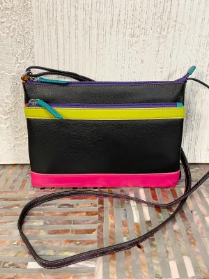 Double Zip Crossbody Bag, Black Brights