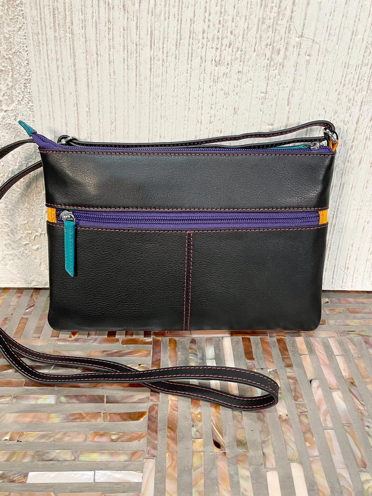 Double Zip Crossbody Bag, Black Brights
