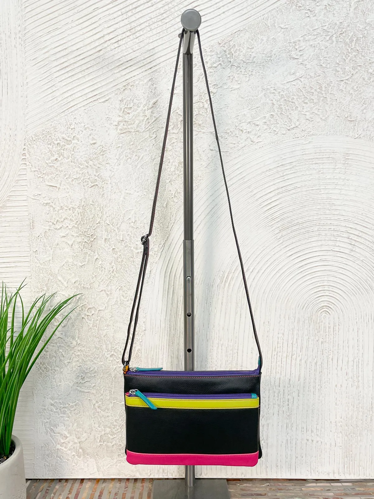Double Zip Crossbody Bag, Black Brights