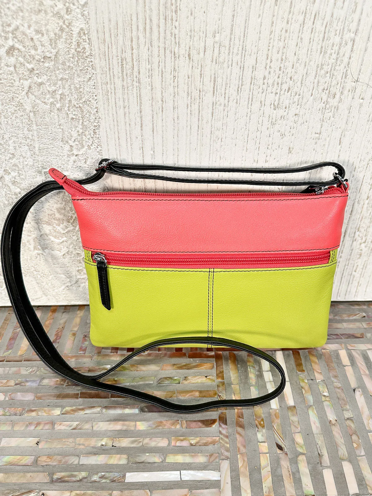 Double Zip Crossbody Bag, Peach Multi