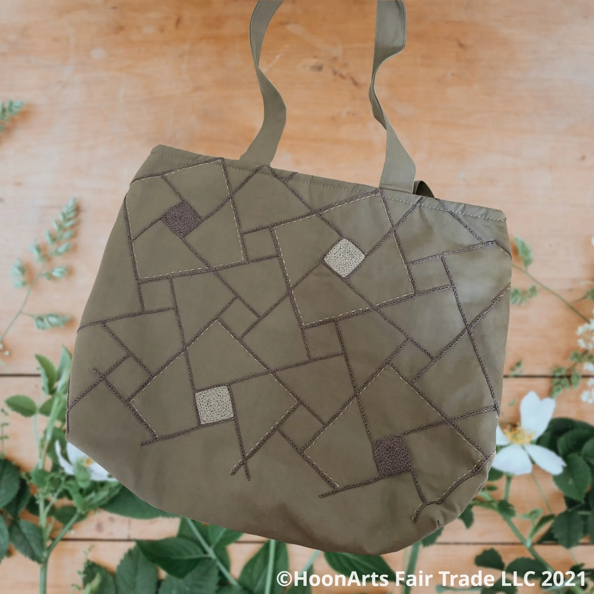 Hand Embroidered Grey Geometric Tote Bag