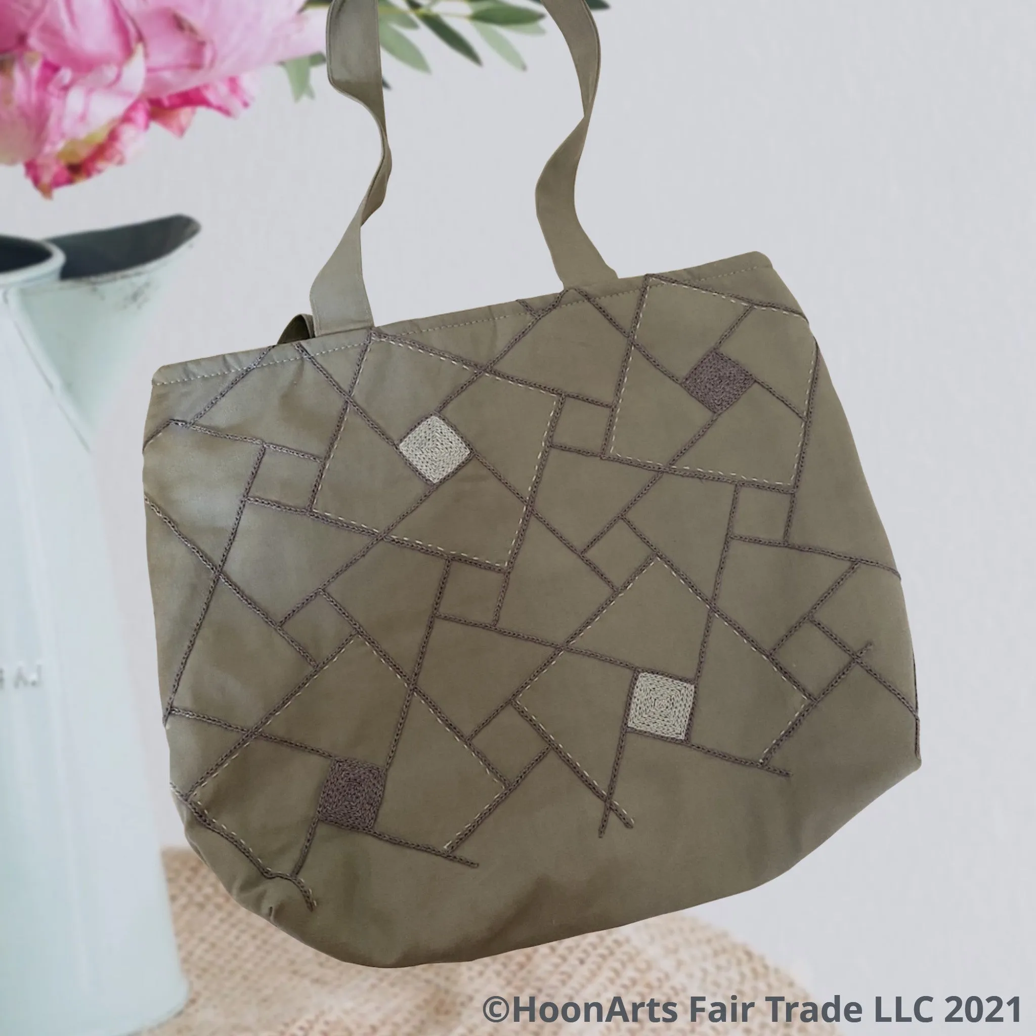 Hand Embroidered Grey Geometric Tote Bag