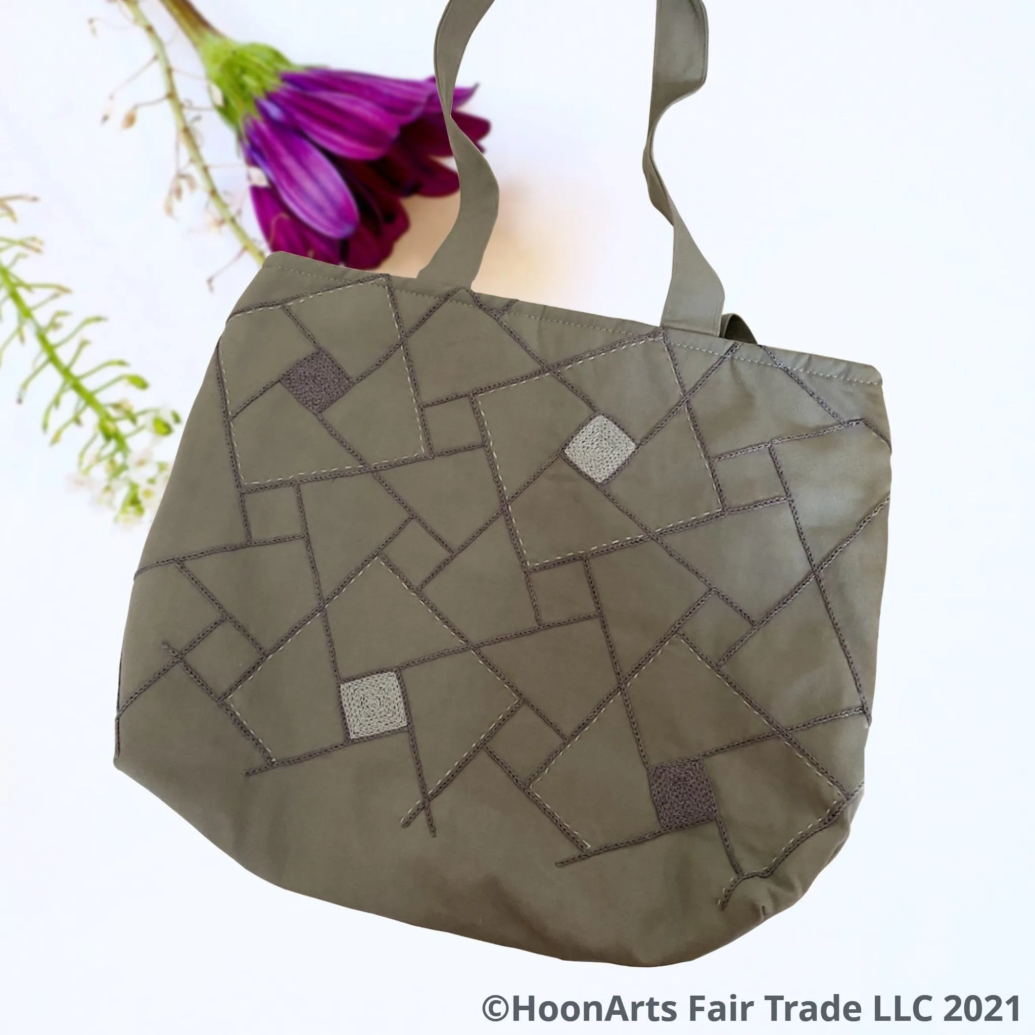 Hand Embroidered Grey Geometric Tote Bag