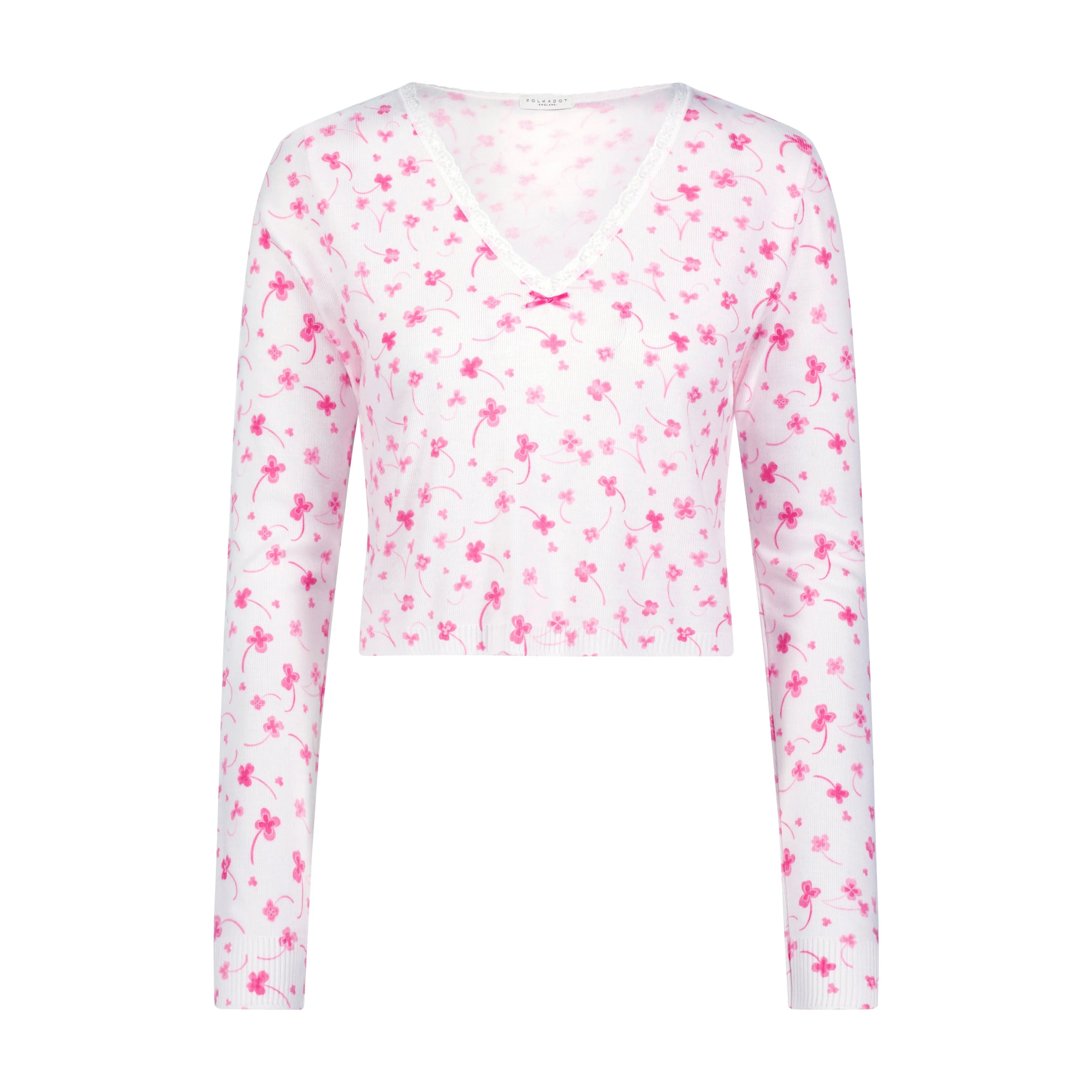 PINK CLOVER Print CROP V SLOUCHY LS
