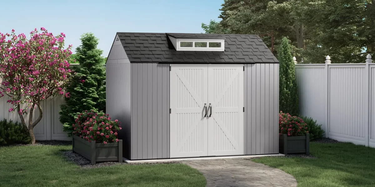 Rubbermaid Extra Large Resin Outdoor Storage Shed With Floor (7 x 10 Ft.), Weather Resistant, Brown, Organization for Home/Lawn Mower/Backyard Equipment/Bike Storage/Pool Supplies