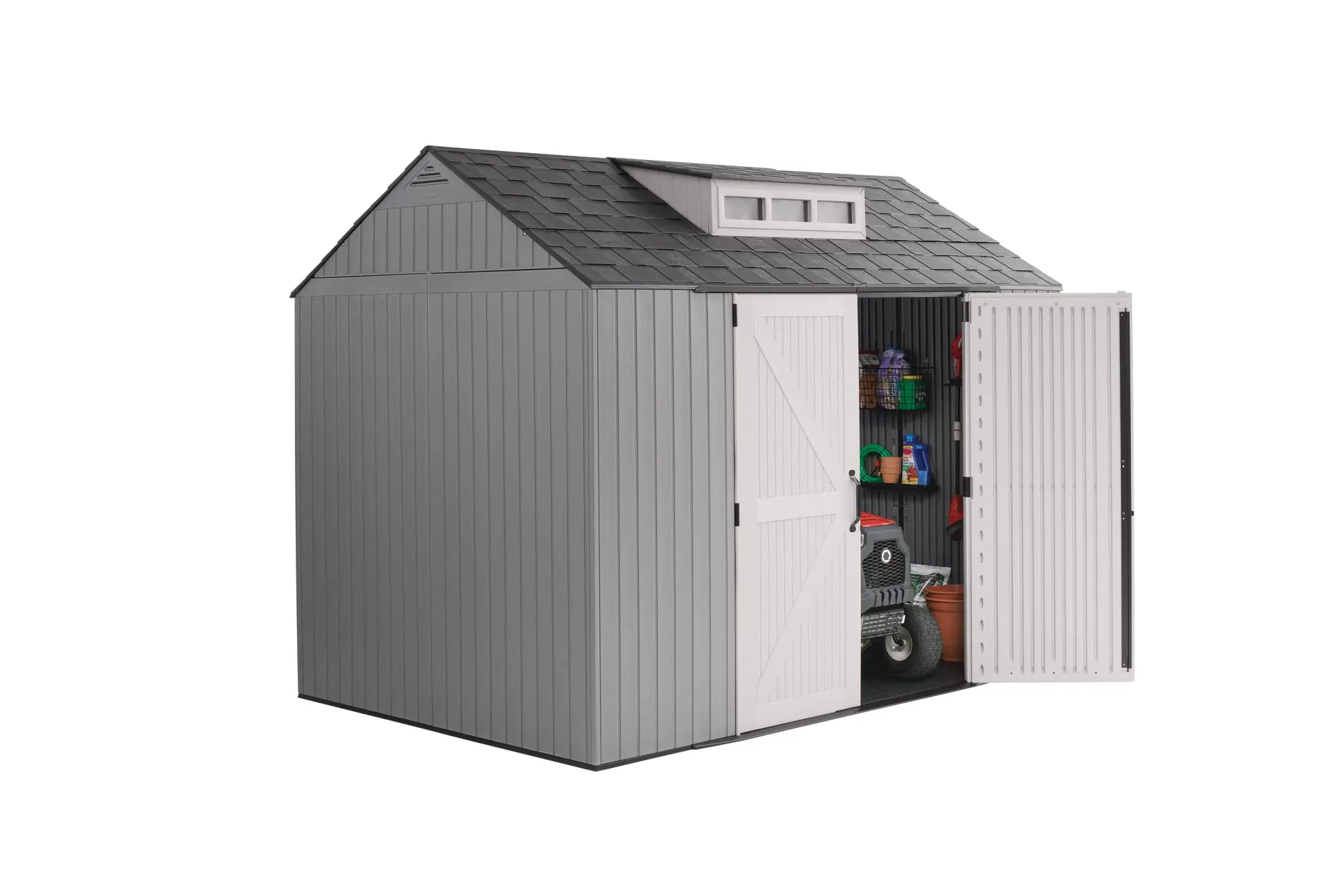 Rubbermaid Extra Large Resin Outdoor Storage Shed With Floor (7 x 10 Ft.), Weather Resistant, Brown, Organization for Home/Lawn Mower/Backyard Equipment/Bike Storage/Pool Supplies