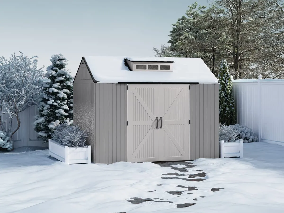Rubbermaid Extra Large Resin Outdoor Storage Shed With Floor (7 x 10 Ft.), Weather Resistant, Brown, Organization for Home/Lawn Mower/Backyard Equipment/Bike Storage/Pool Supplies