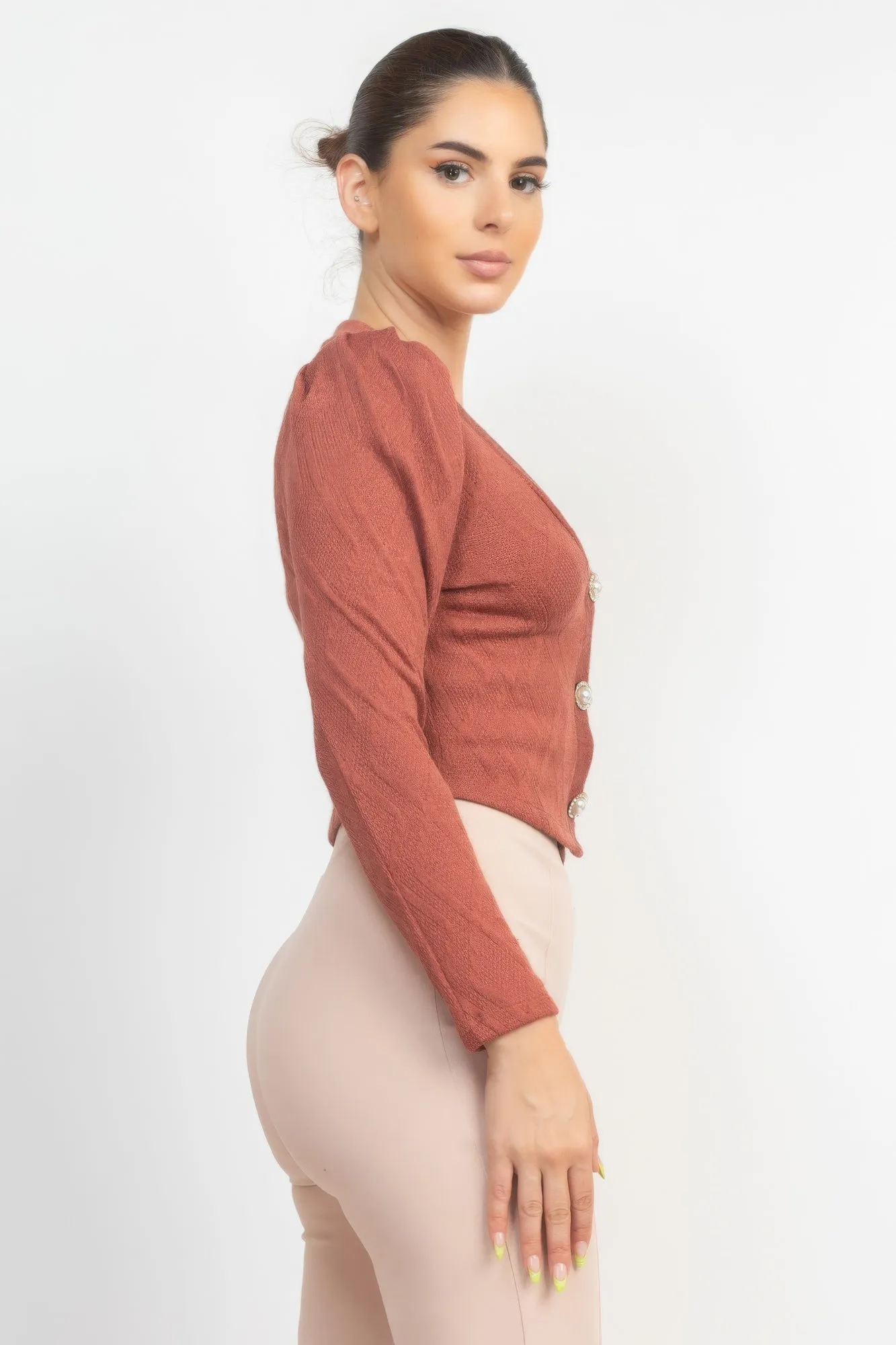 Smoky Mauve Geometric Cami Puff Sleeves Blazer Top Set