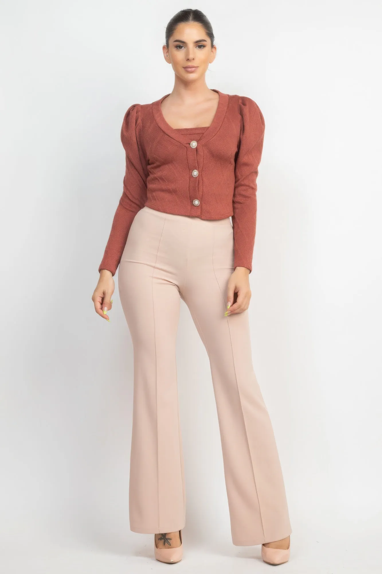 Smoky Mauve Geometric Cami Puff Sleeves Blazer Top Set